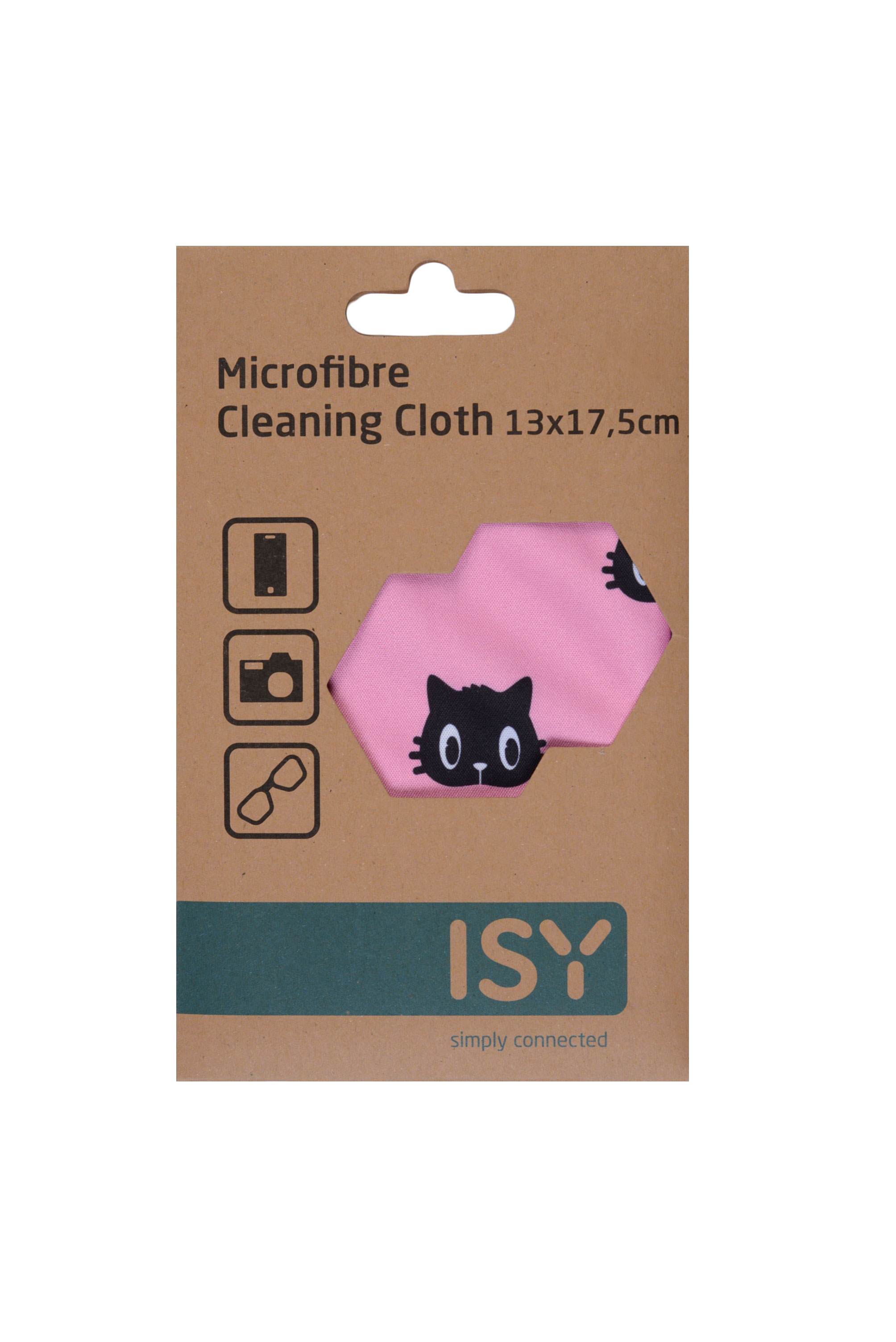 Rosa Mikrofasertuch in Pappverpackung mit Katzenmotiv. Verpackung hat Symbole.