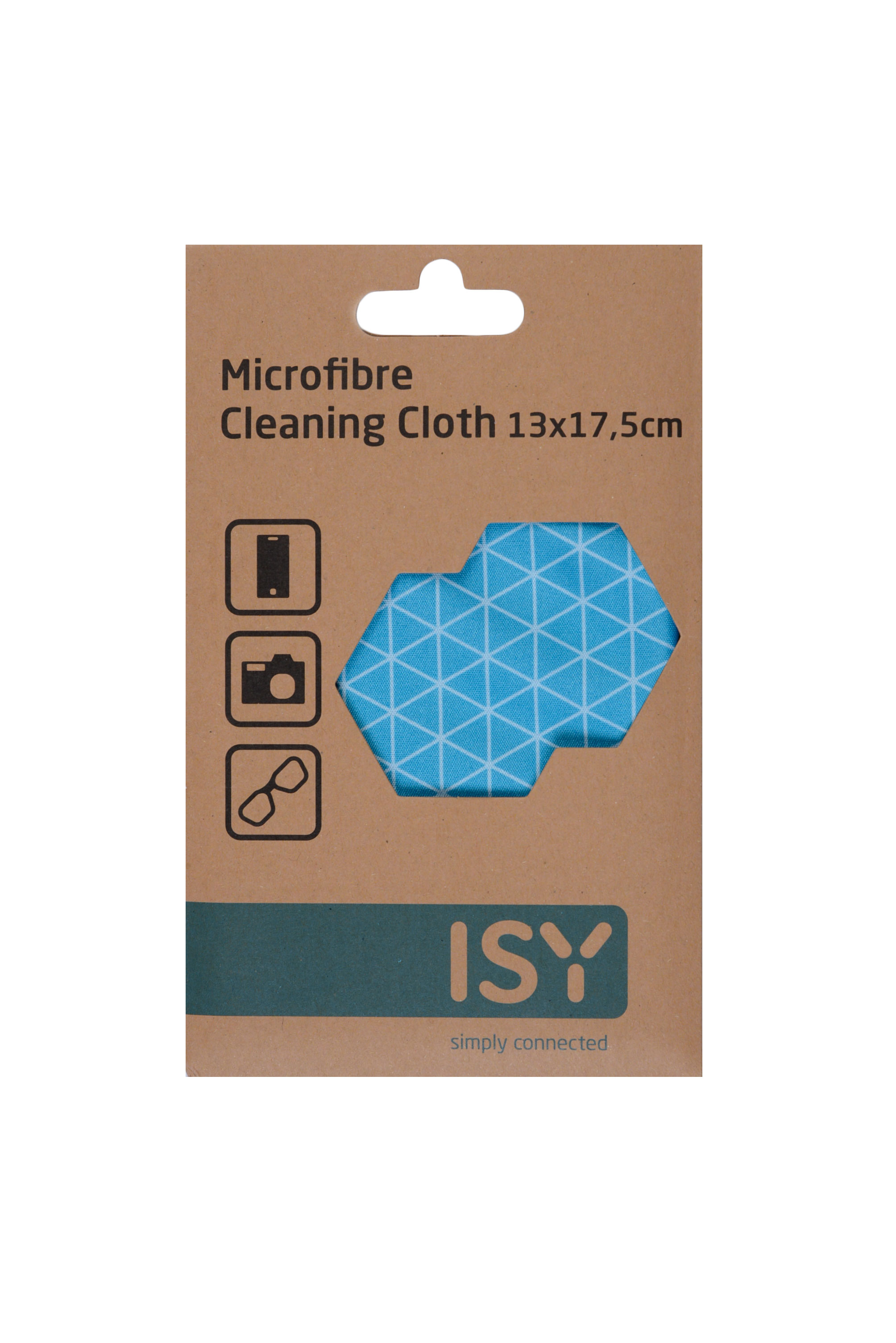 Mikrofaser-Reinigungstuch in brauner Kartonverpackung. Blaues Tuch mit weißem geometrischen Muster.