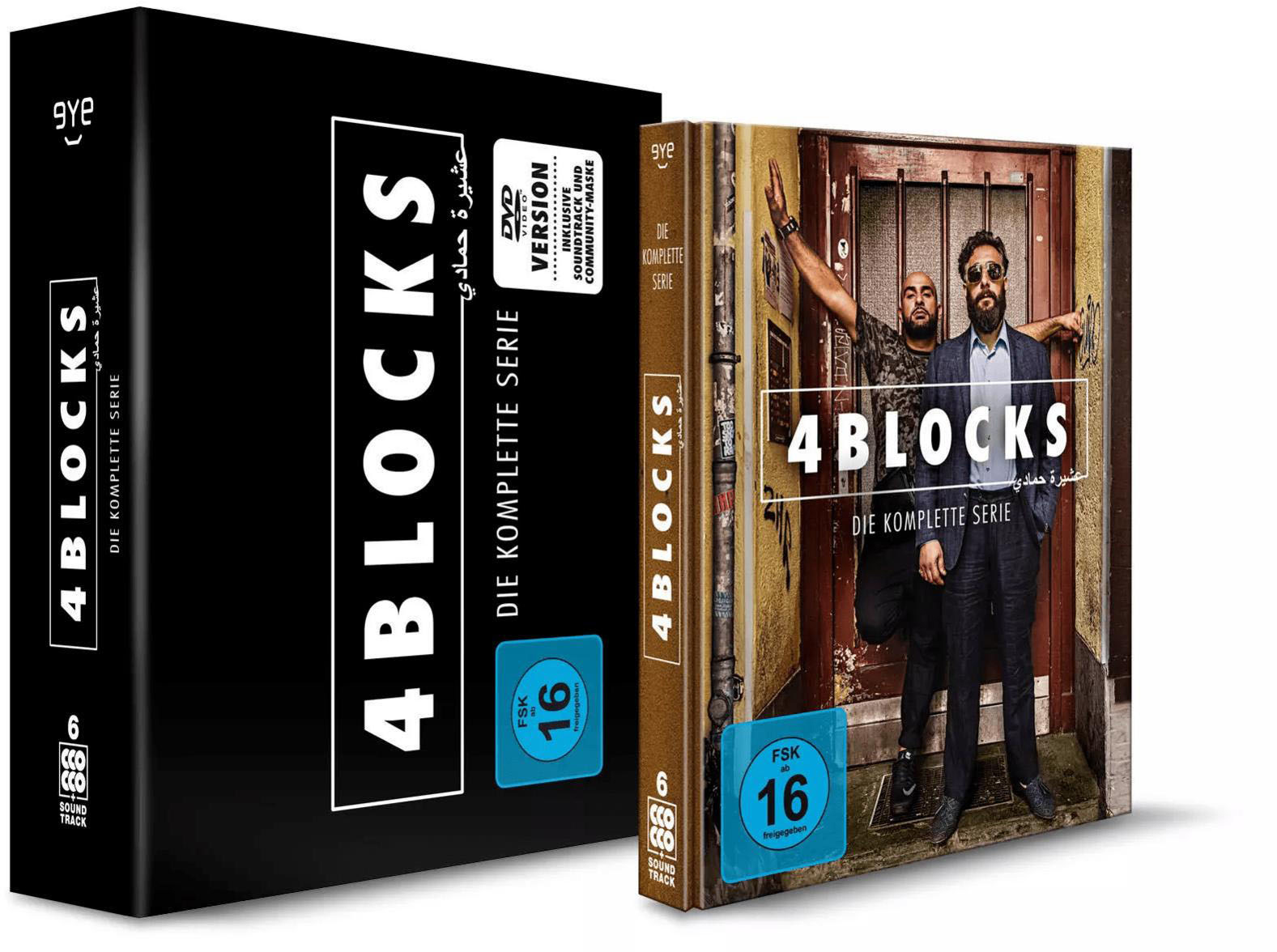 Boxset der Serie "4 Blocks" mit zwei Hüllen. Eine ist geöffnet und zeigt DVDs. Die andere ist geschlossen.
