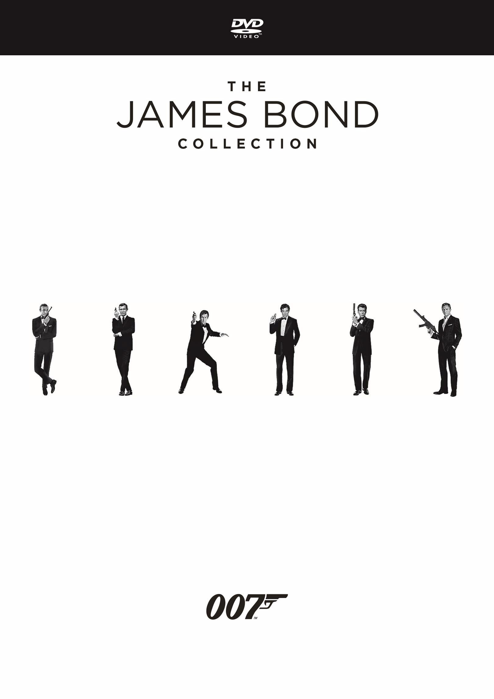 Boîtier DVD pour 'The James Bond Collection'. Image en noir et blanc d'acteurs en smoking, tenant des armes.
