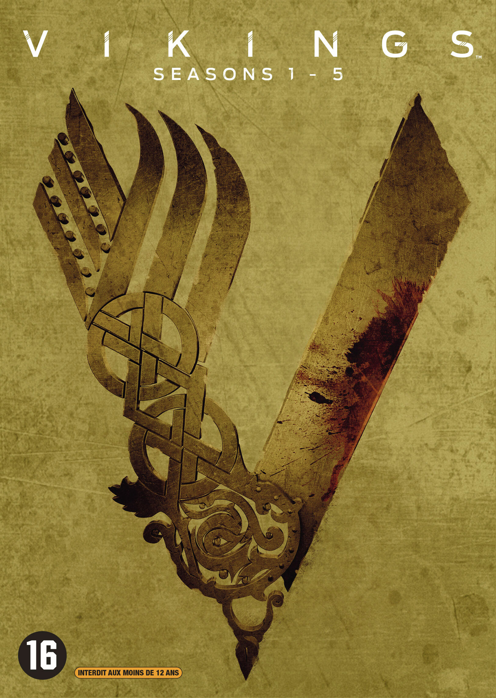 Vikings Seizoenen 1-5 DVD-hoes. Een gouden Viking schip symbool op een getextureerde groene achtergrond.