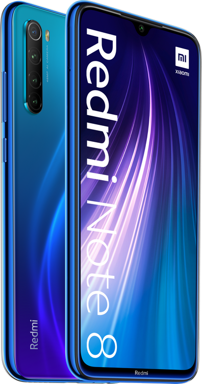 Teléfono azul Redmi Note 8, vista frontal y trasera, con pantalla mostrando el logotipo de Redmi.