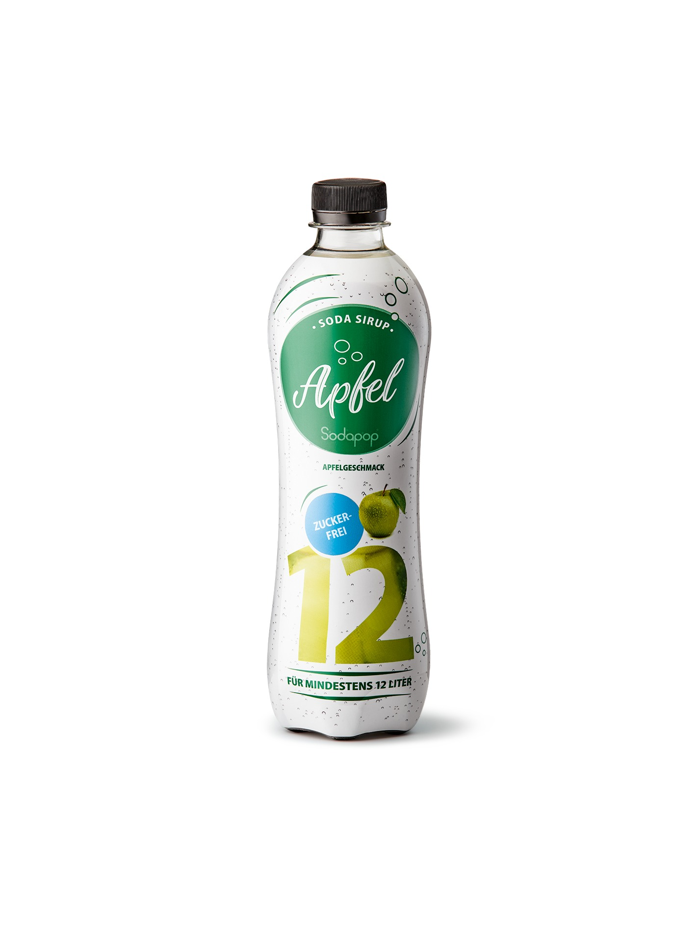 Eine weiße Limonadensirupflasche mit grünem Text und einer grünen Apfelgrafik.