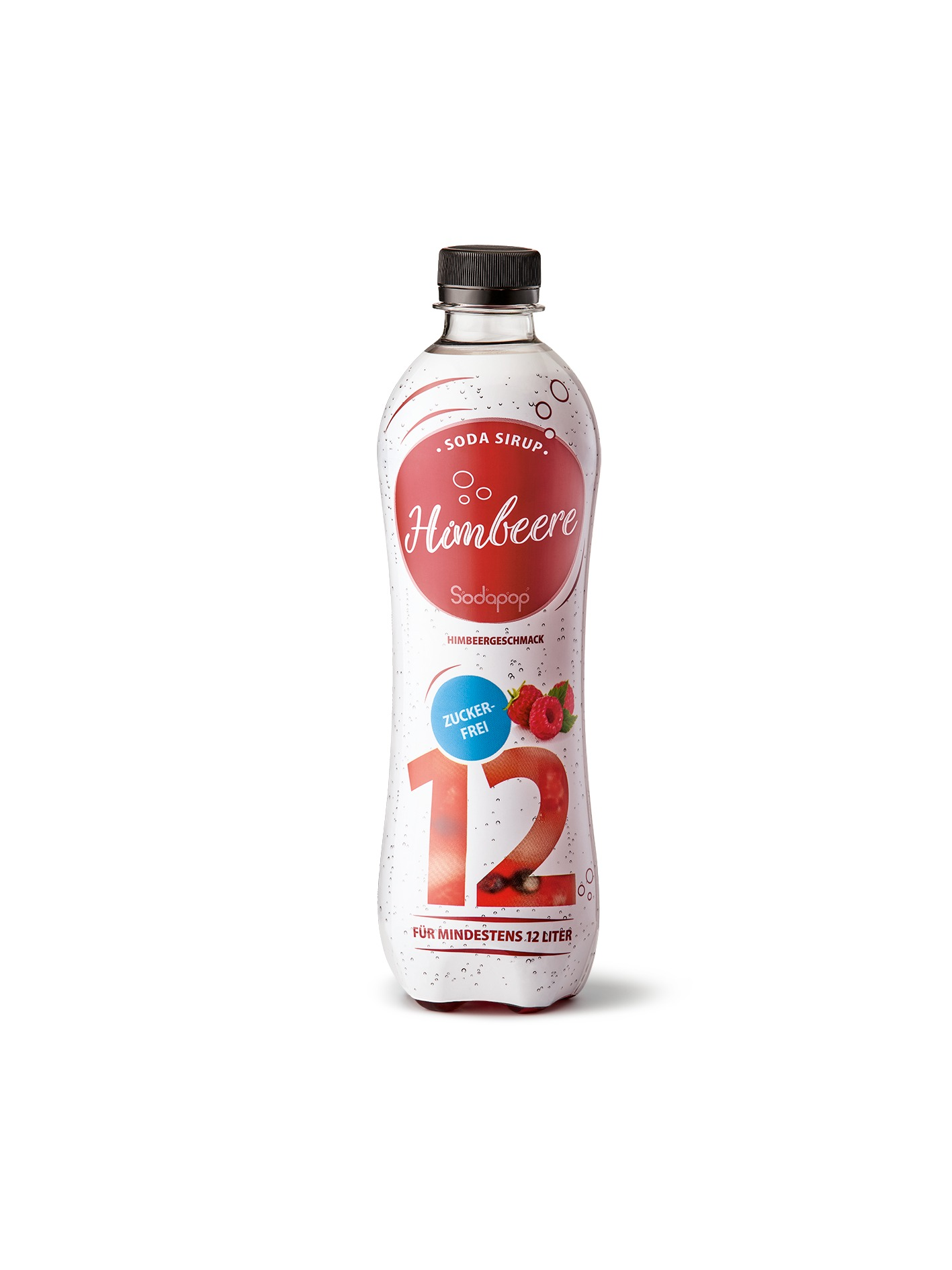 Himbeer-Soda-Flasche. Weiße Flasche, rotes Etikett mit Himbeeren und Text.