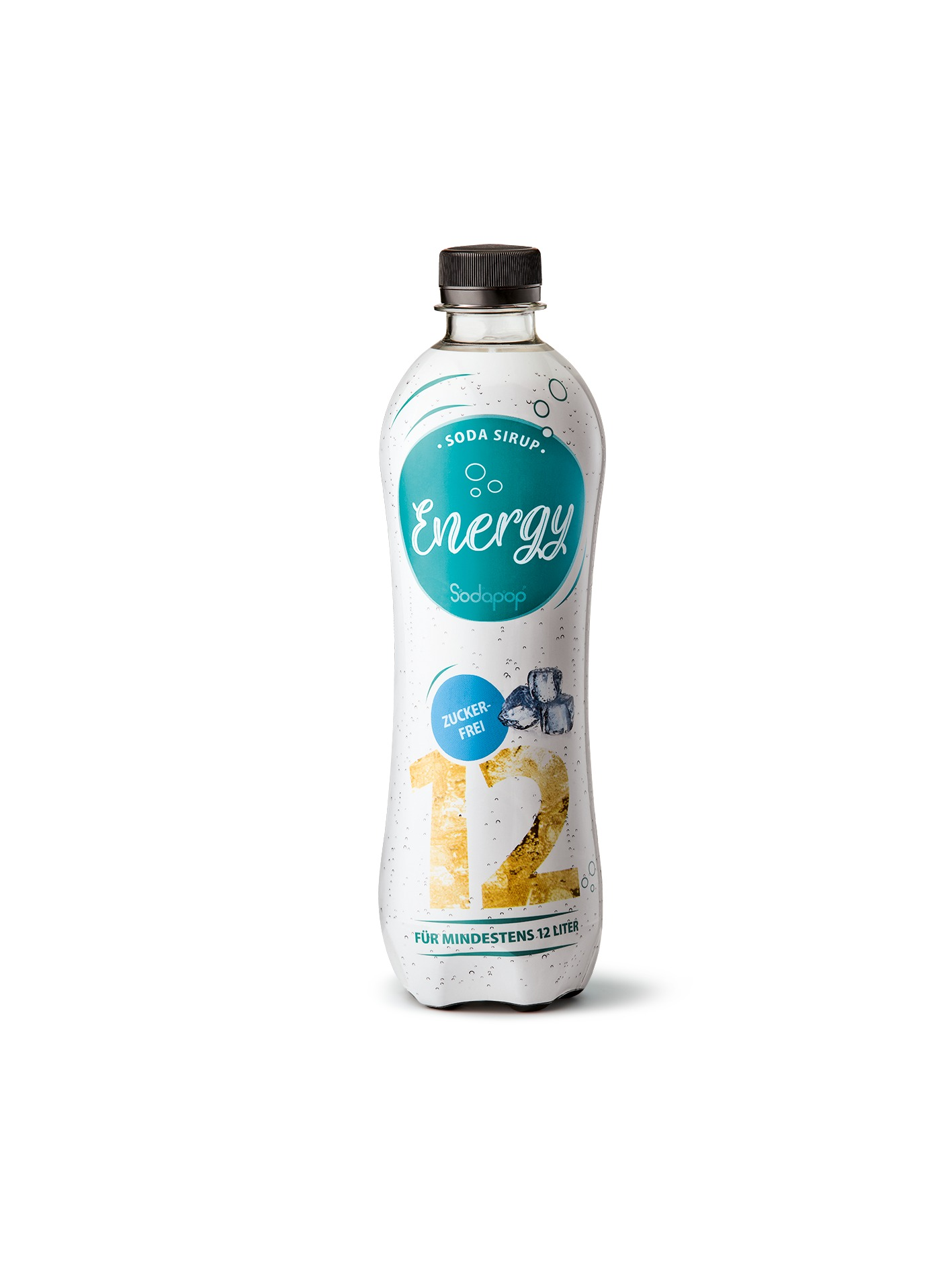 Weiße Sodaflasche mit blauen und goldenen Etiketten. 'Zucker Frei' und '12 Liter' auf der Flasche.
