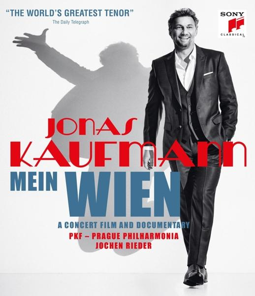 CD borító Jonas Kaufmann-nal öltönyben, a 'Mein Wien' és a 'Sony Classical' felirattal.