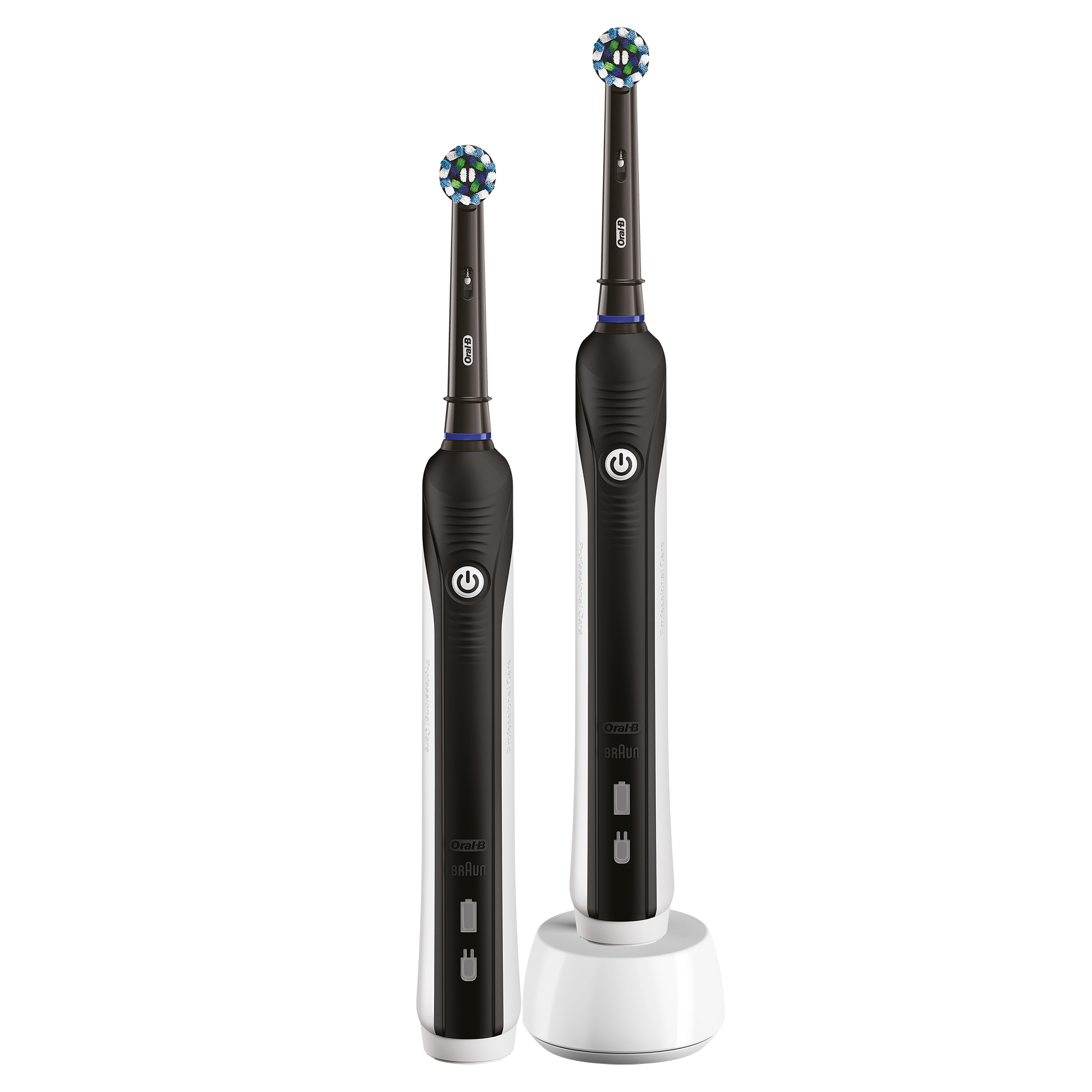 İki siyah beyaz Oral-B elektrikli diş fırçası. Biri şarj cihazında.