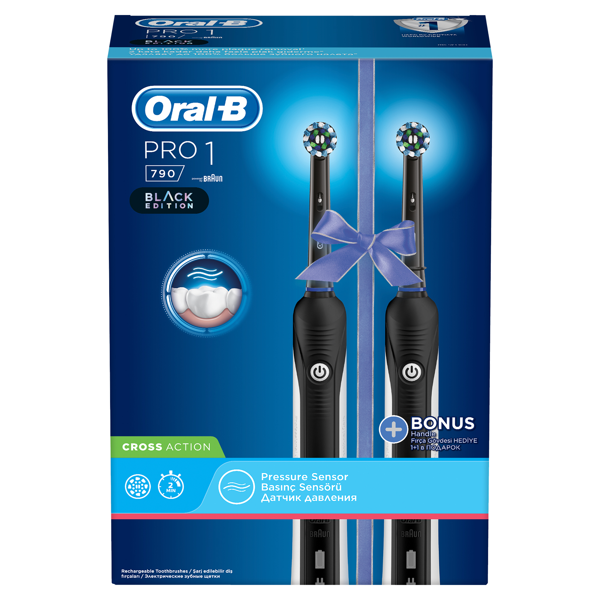 Mavi kurdeleli bir kutuda iki siyah Oral-B elektrikli diş fırçası. 'Black Edition' yazısı görünür.