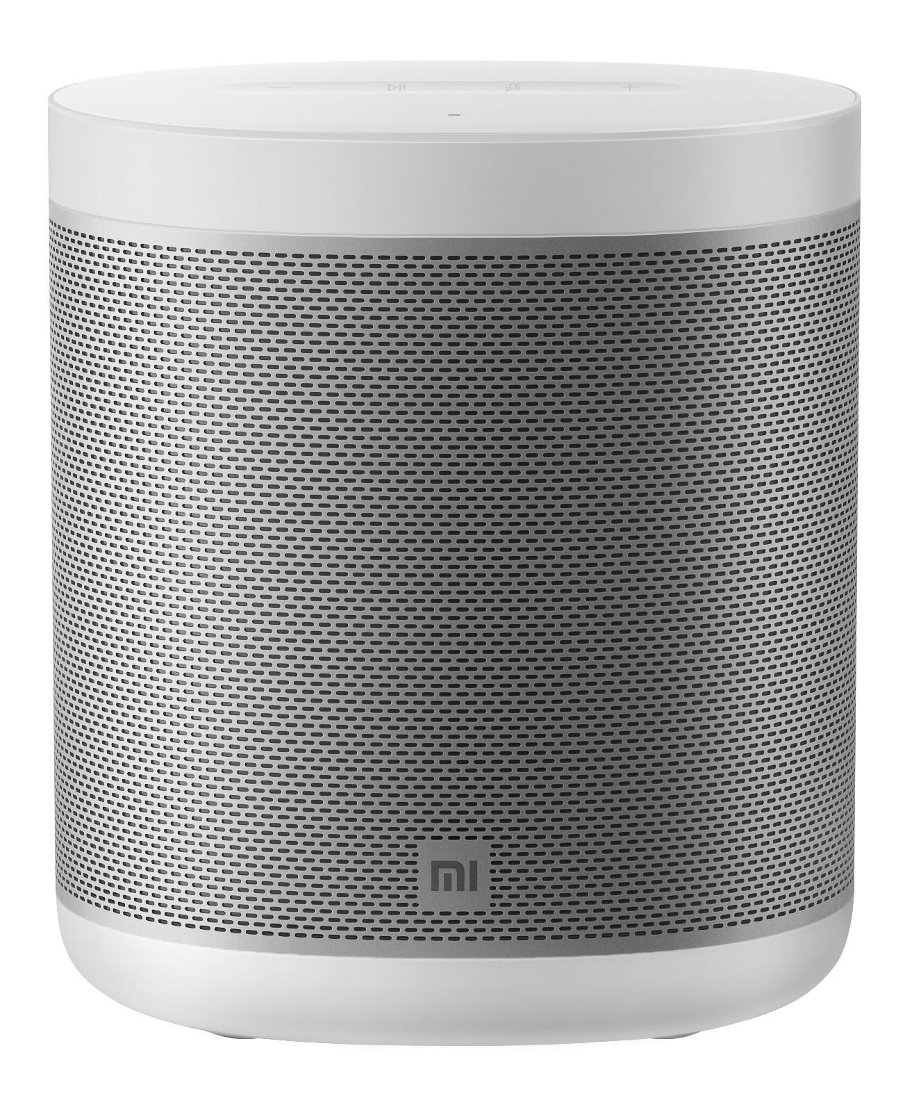 Ein weiß-grauer zylindrischer Lautsprecher. Der Lautsprecher hat eine perforierte Oberfläche und eine weiße Oberseite.