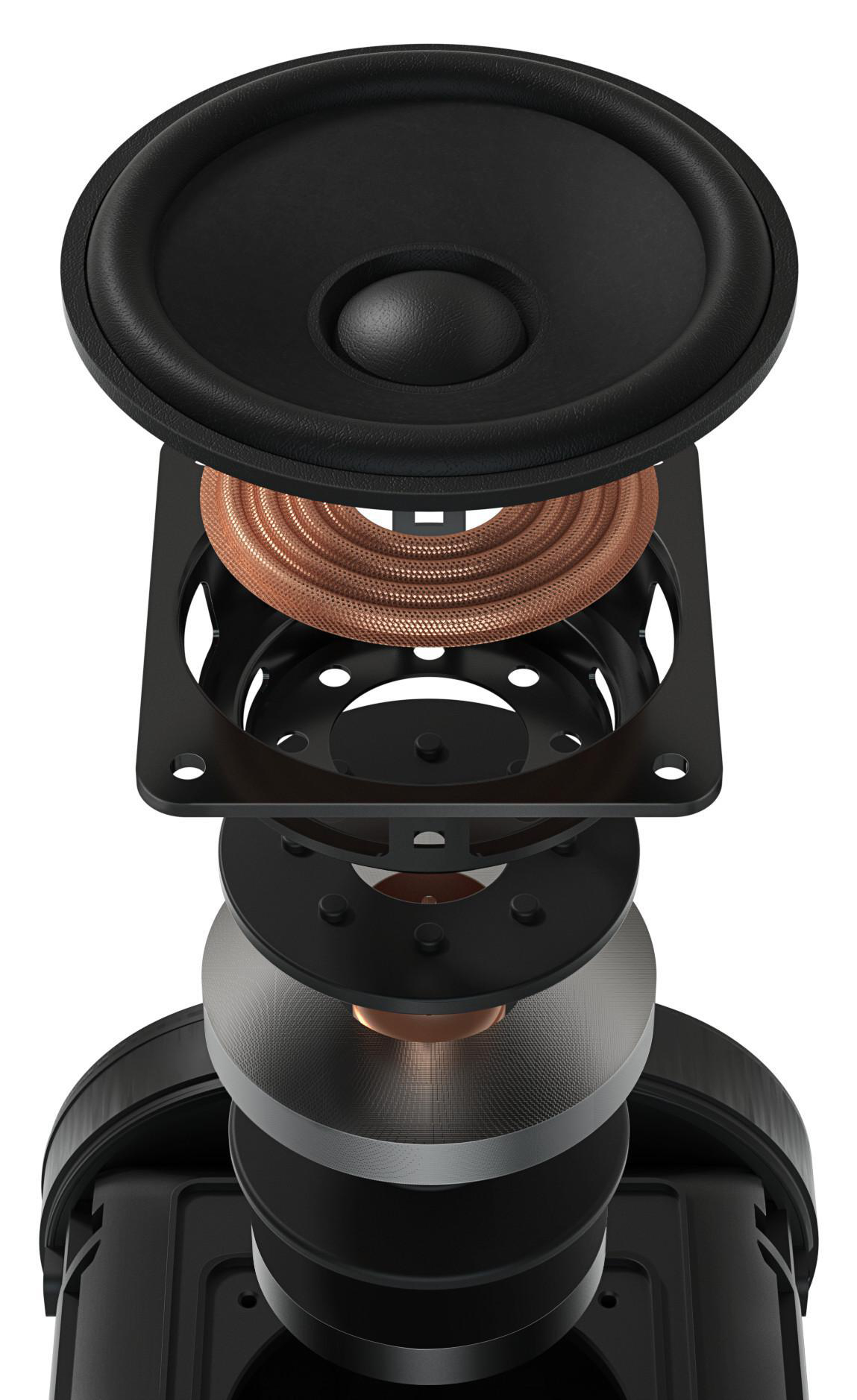 Schnittansicht eines Lautsprechers, die die inneren Komponenten und ihre Anordnung zeigt.