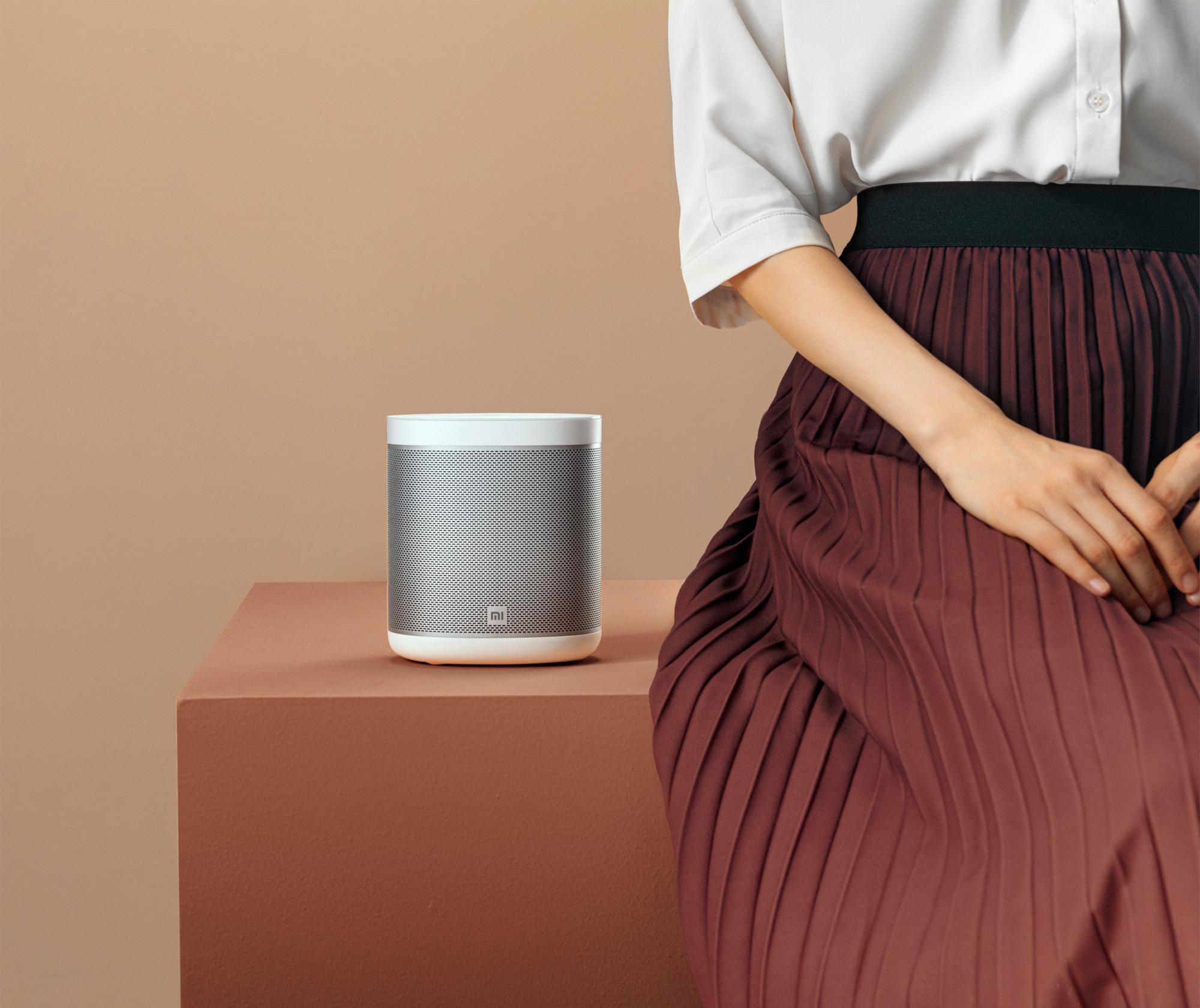 Ein silberner Lautsprecher auf einer braunen Oberfläche, mit einer Person im Hintergrund, die einen Rock trägt.