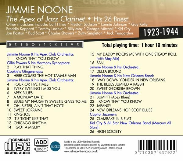 Die Rückseite einer Jimmie Noone CD mit einer Titelliste und Banddetails.