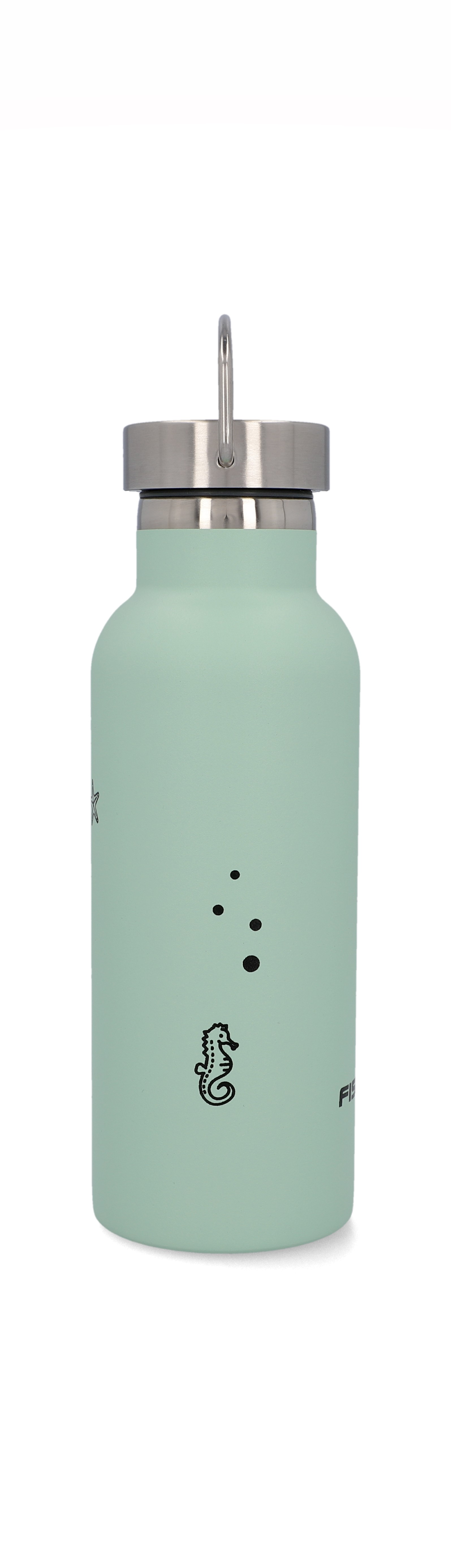 Hellgrüne Wasserflasche mit silbernem Deckel und Seepferdchen- und Sternenmuster.