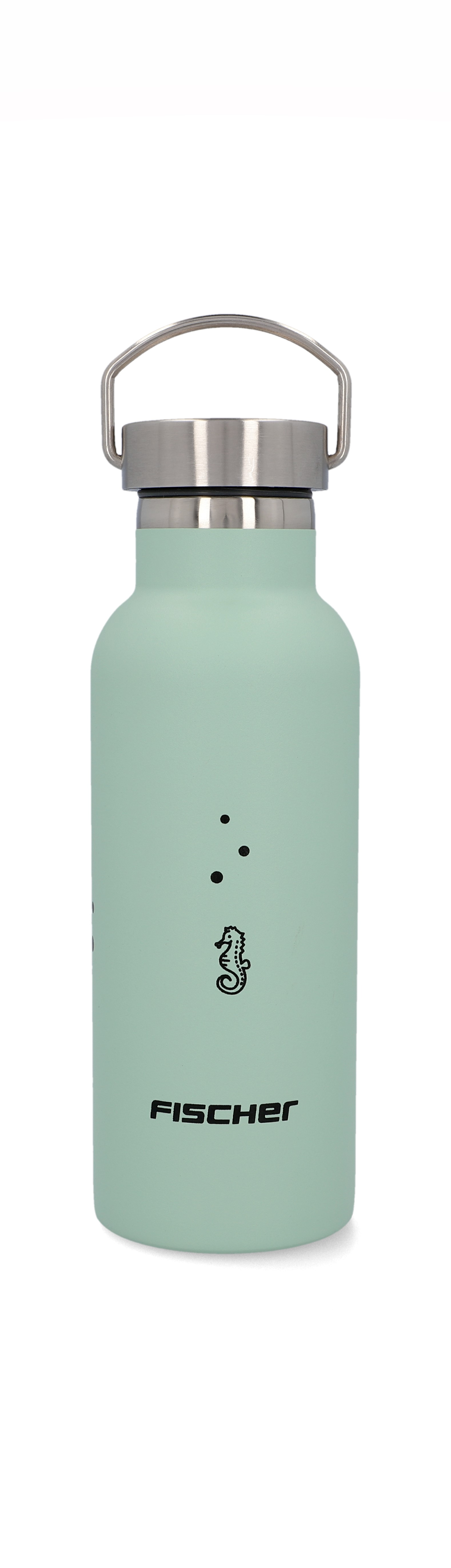 Minzfarbene Wasserflasche mit Seepferdchen-Design und dem Wort 'FISCHER'.