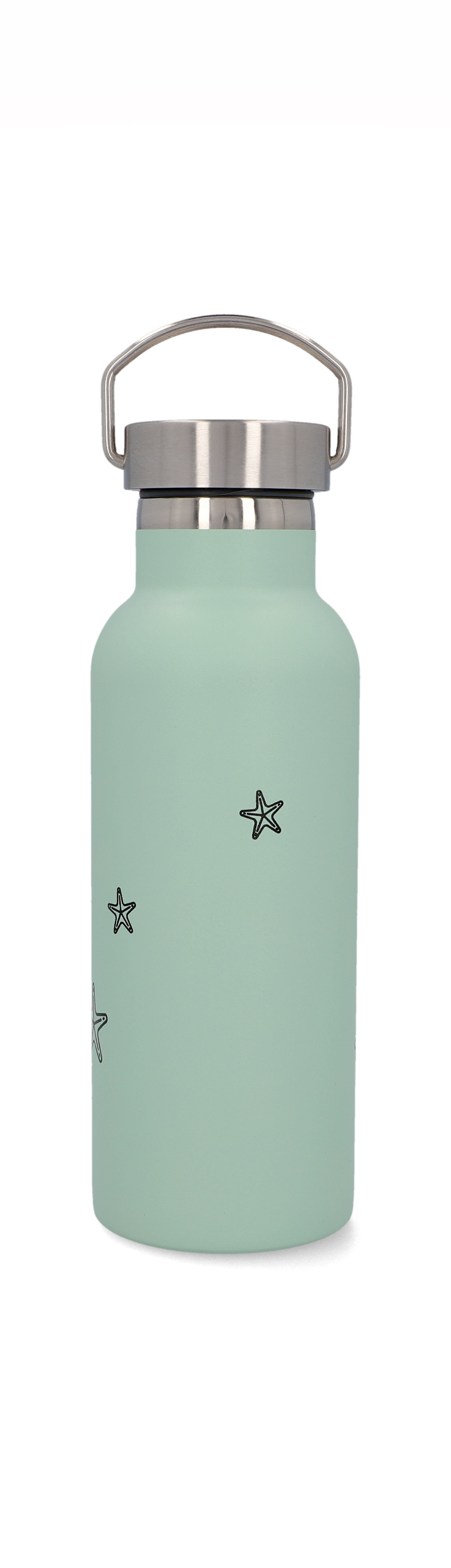Eine hellgrüne Wasserflasche mit Sterndesigns, vor weißem Hintergrund.