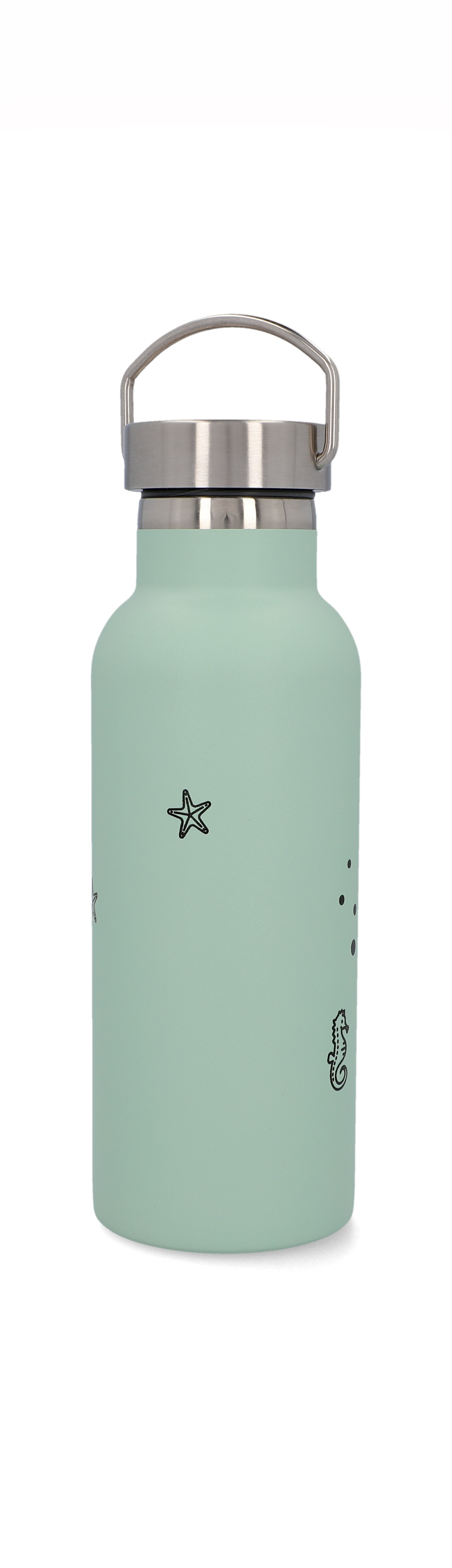 Eine hellgrüne Wasserflasche mit silbernem Deckel und einigen schwarzen Zeichnungen darauf.
