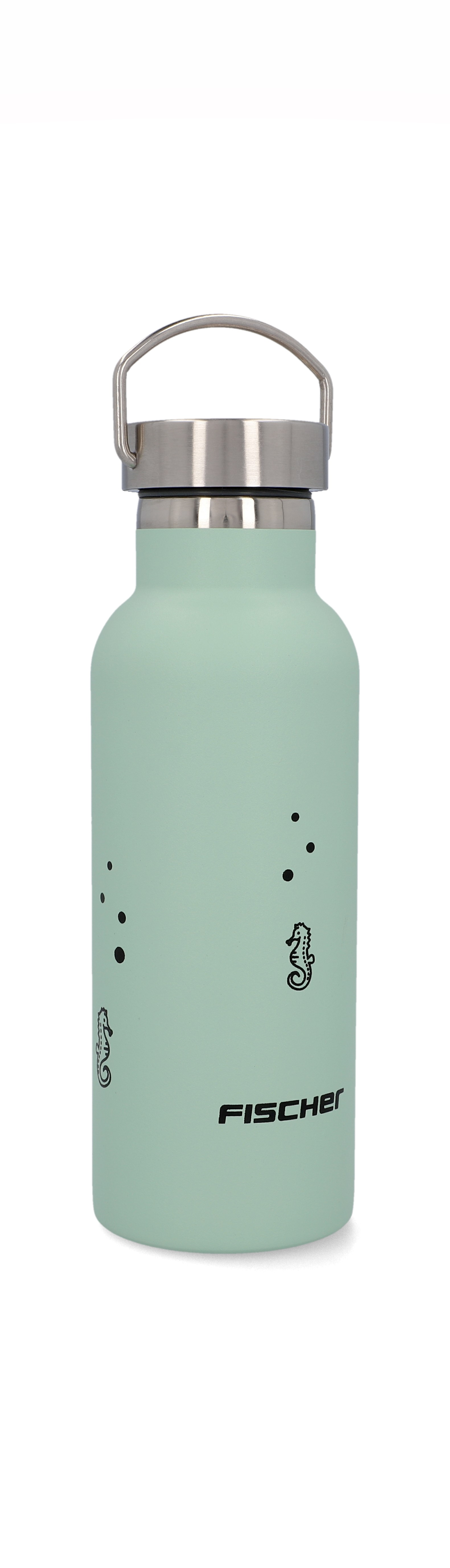 Eine mintgrüne Wasserflasche mit silbernem Deckel, Seepferdchen-Grafiken und dem Wort 'FISCHER' vorne.