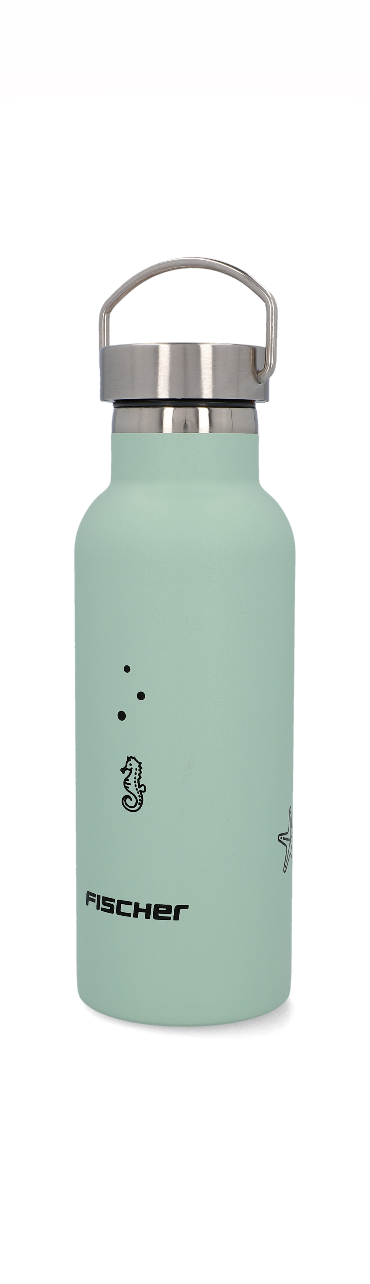 Eine mintgrüne Wasserflasche mit silbernem Deckel und Seepferdchen-Design.