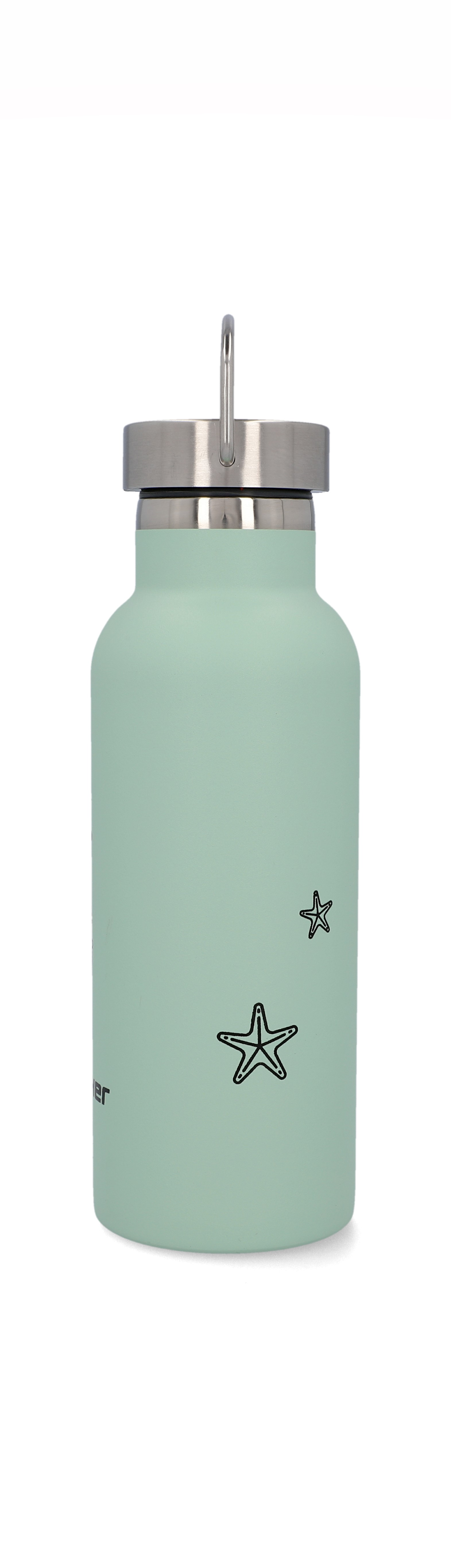 Minzgrüne Wasserflasche mit Seestern-Design. Sie hat einen silbernen Deckel.