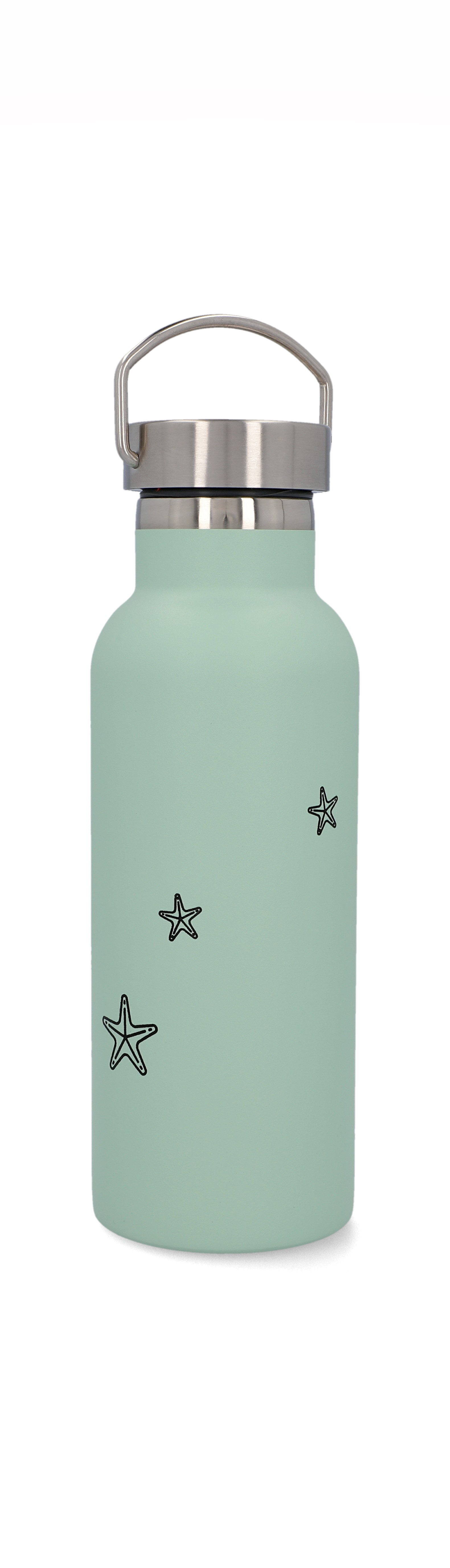 Eine mintgrüne Wasserflasche mit drei Seestern-Illustrationen.