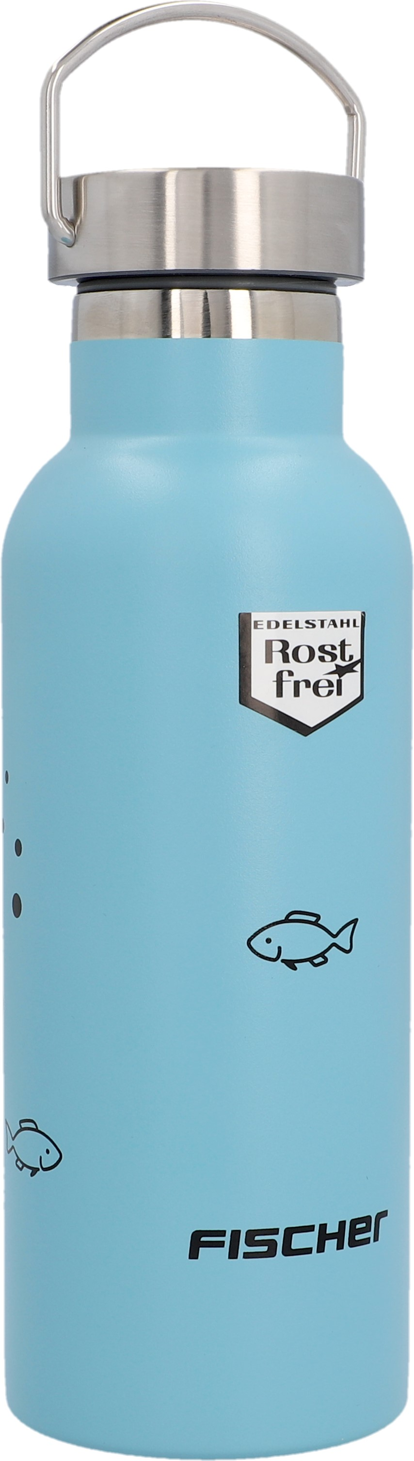 Hellblaue Wasserflasche mit Silberdeckel und Griff. Fische und Fischer-Logo.
