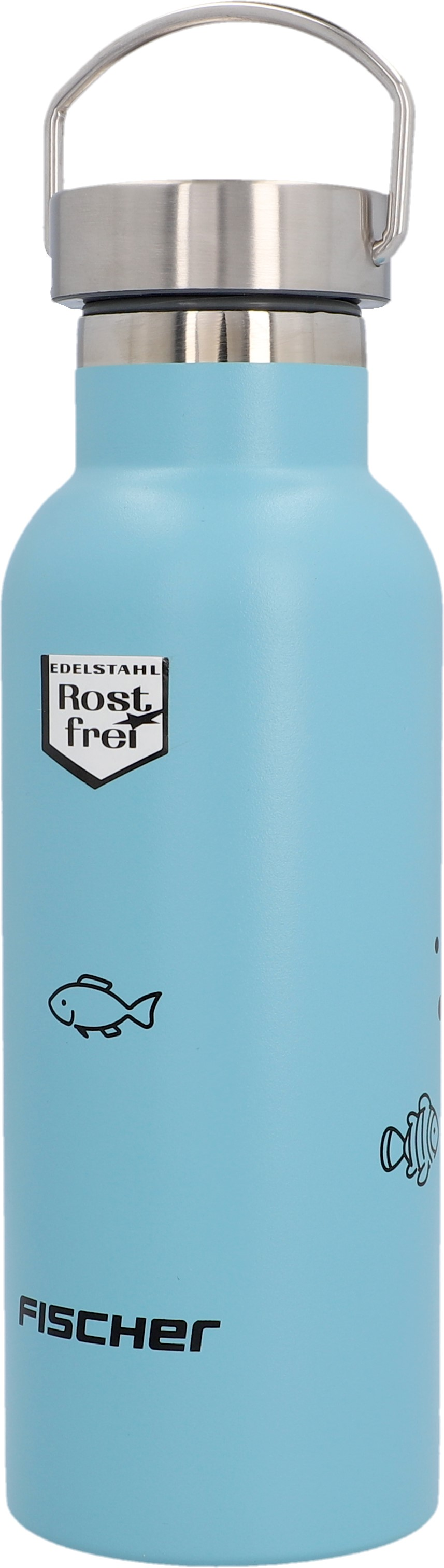 Hellblaue Wasserflasche mit Fischmotiven und silbernem Deckel. Unten steht 'FISCHER'.