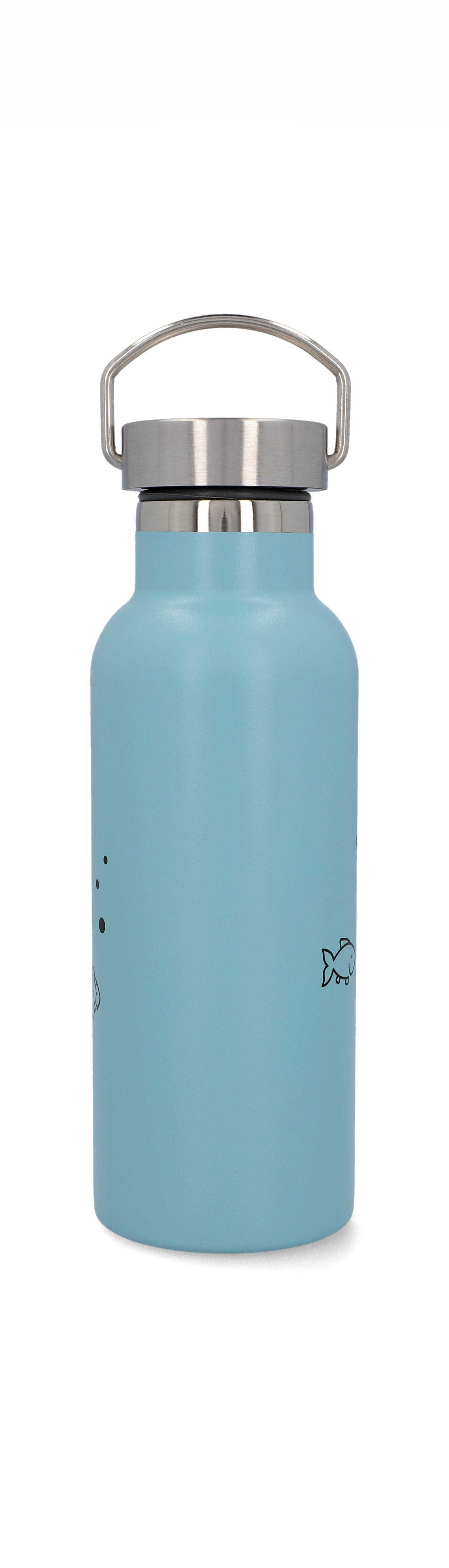 Eine hellblaue Wasserflasche mit silbernem Deckel und Griff. Fisch- und Sternsymbole an der Seite.
