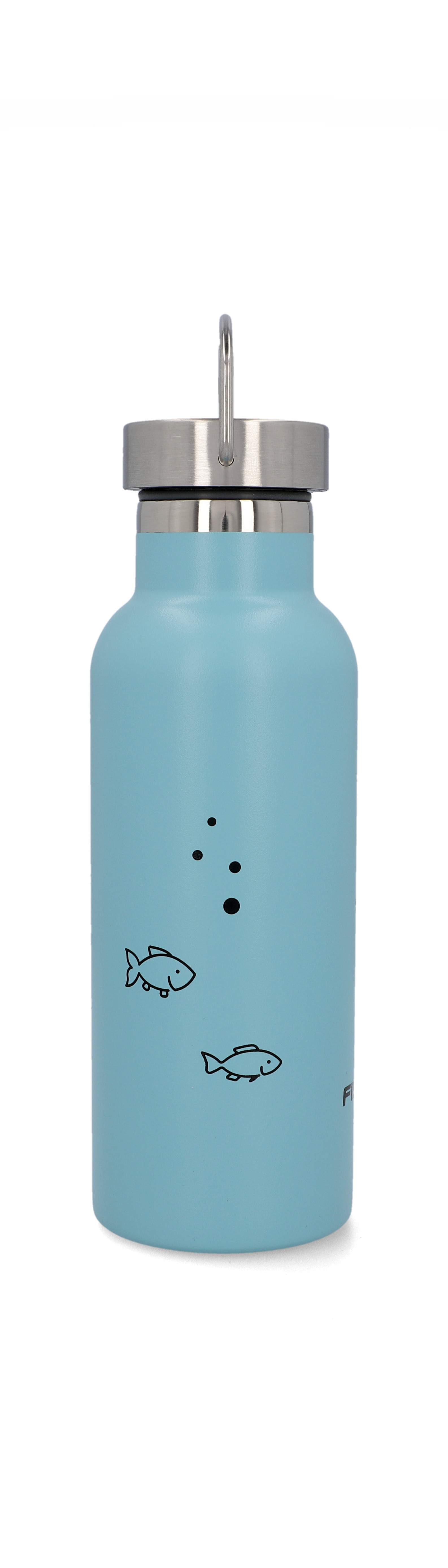 Eine hellblaue Wasserflasche mit zwei Fischen und Blasen.
