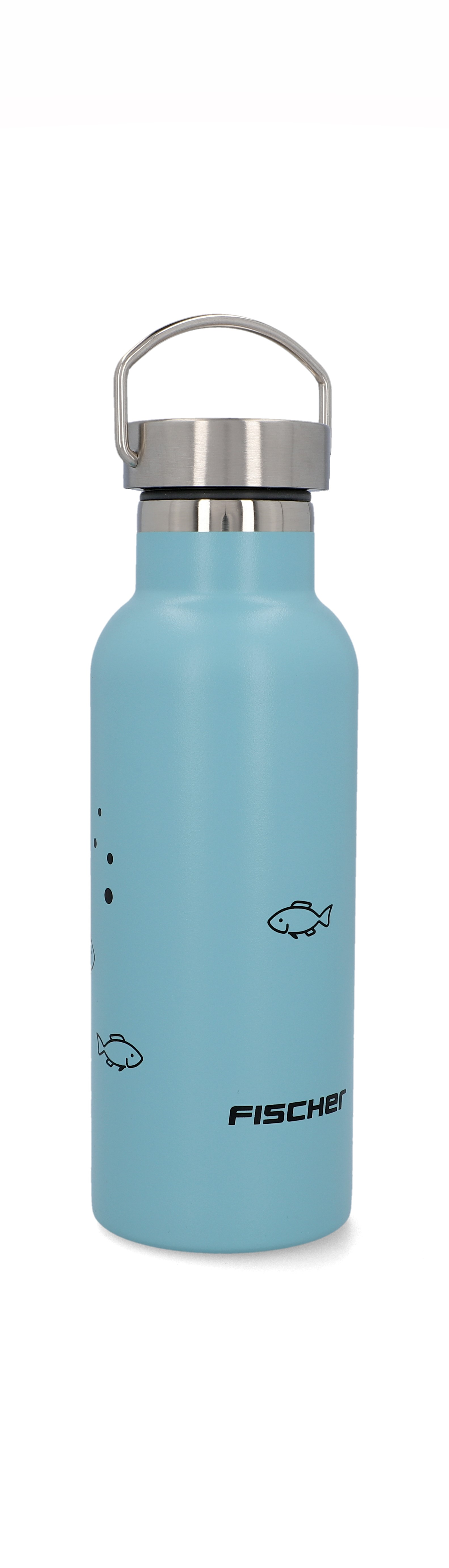Hellblaue Wasserflasche mit schwarzen Fischillustrationen und silbernem Deckel. FISCHER-Logo.