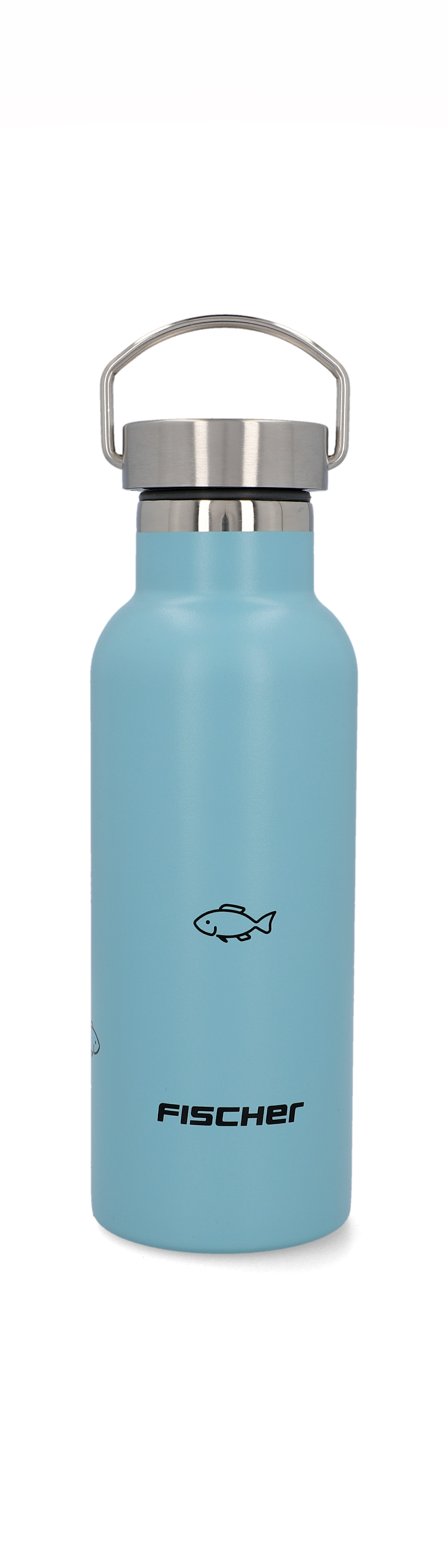 Eine hellblaue Wasserflasche mit silbernem Deckel und dem Wort 'FISCHER' darauf gedruckt.