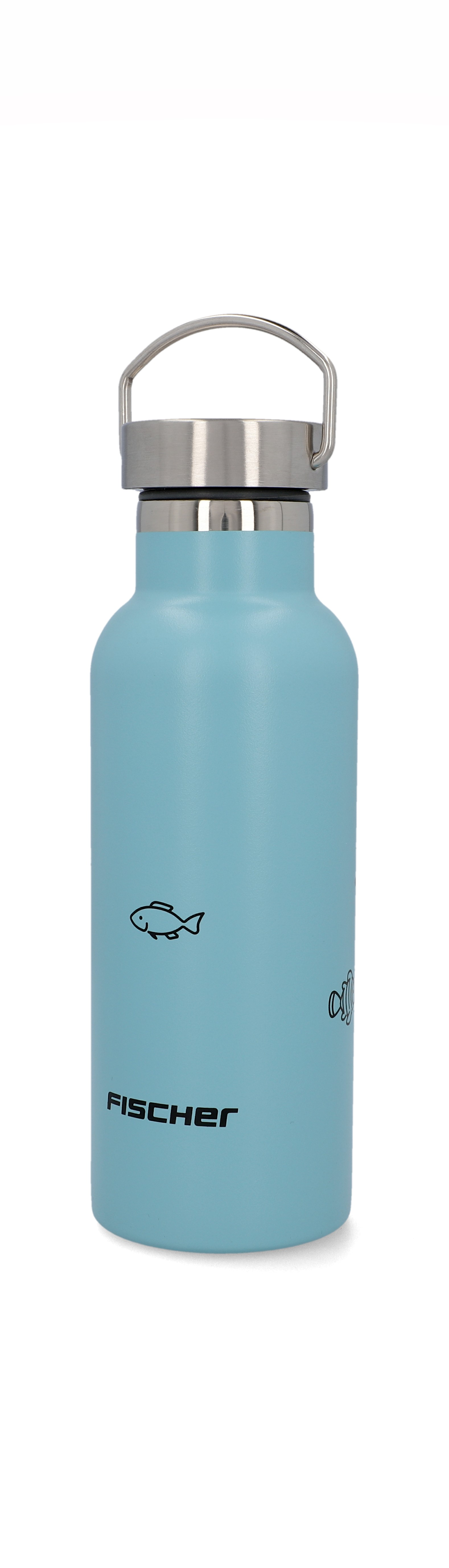 Eine hellblaue Wasserflasche mit silbernem Deckel und Griff. Sie hat Fischillustrationen und das Wort FISCHER.