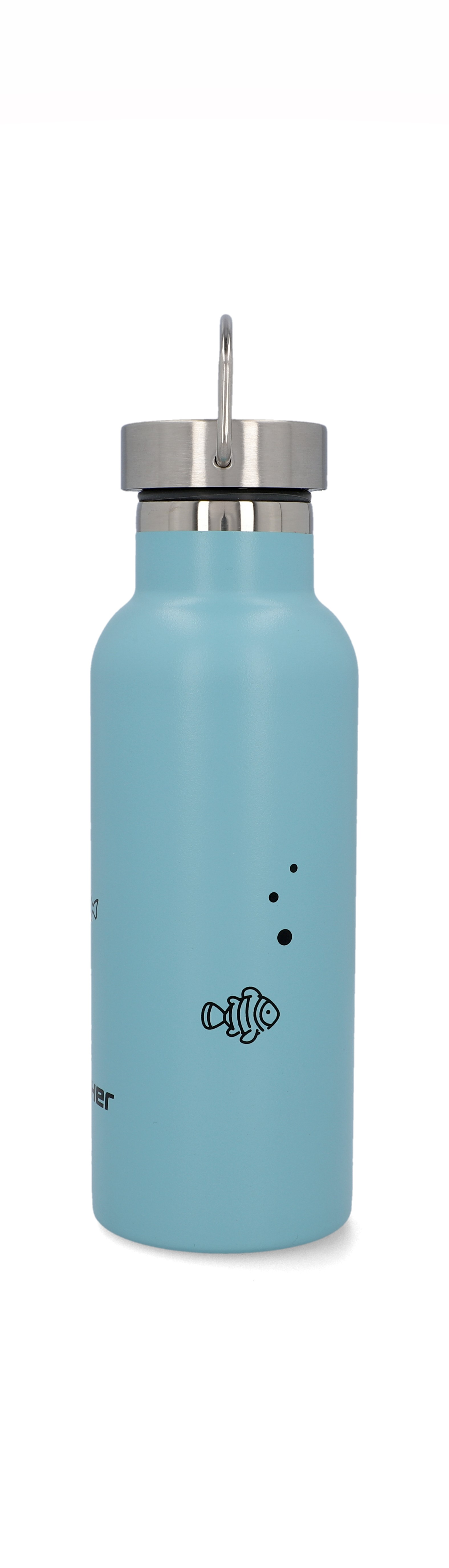 Hellblaue Wasserflasche mit Fischzeichnung und silbernem Deckel, auf Weiß.