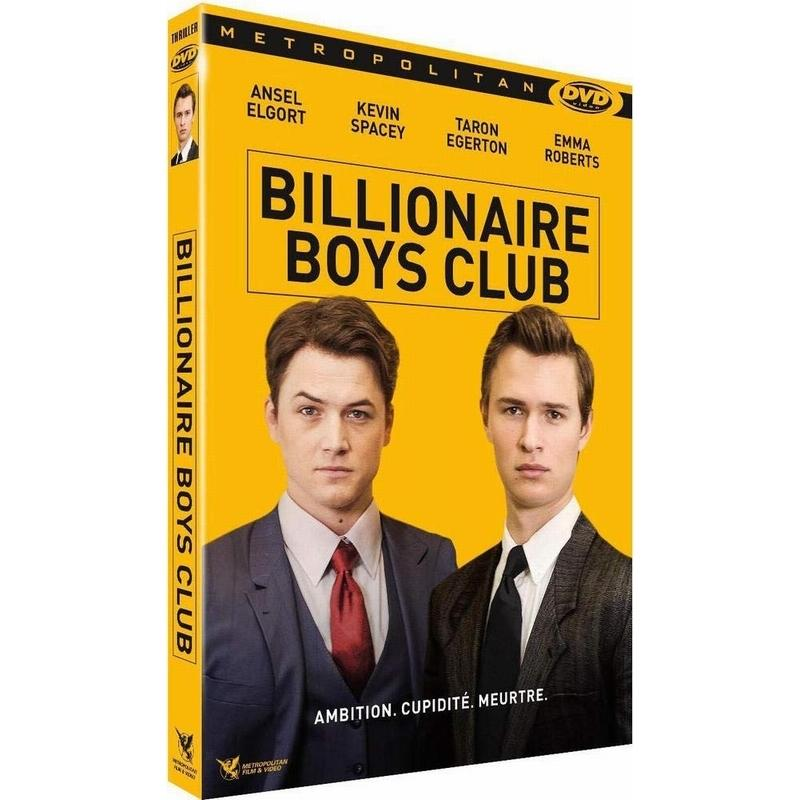 DVD-cover voor de film Billionaire Boys Club, met Ansel Elgort en Taron Egerton.