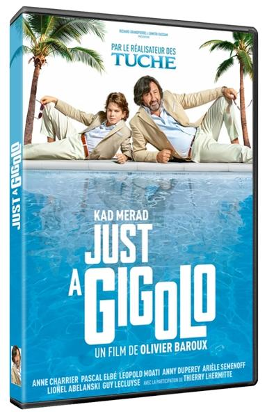 Couverture du film : 'Just a Gigolo' avec deux hommes au bord d'une piscine, titre et crédits.