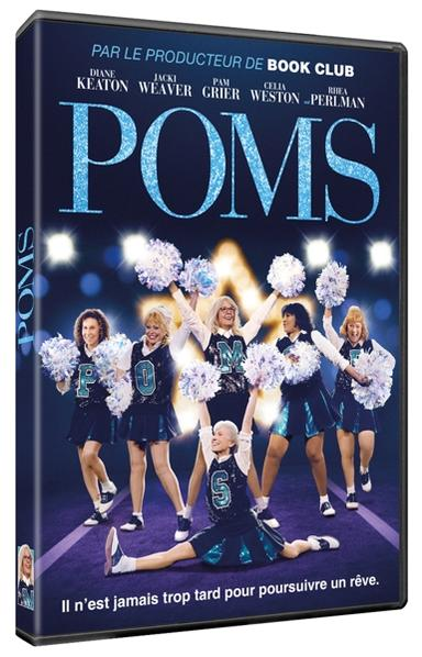 Boîtier DVD pour 'Poms'. Il présente des cheerleaders sur un terrain de football américain, avec un code couleur bleu et blanc.