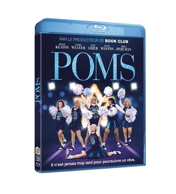 Couverture Blu-ray de 'Poms'. Pom-pom girls avec des pompons en action sur un fond flou.