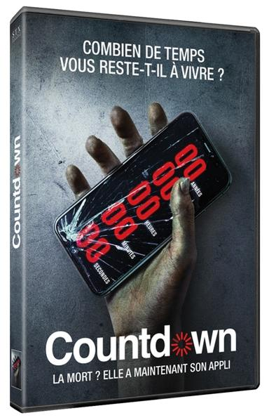 DVD-hoes voor 'Countdown'. Een hand die een telefoon vasthoudt met een afteltimer. Donkere, onheilspellende achtergrond.