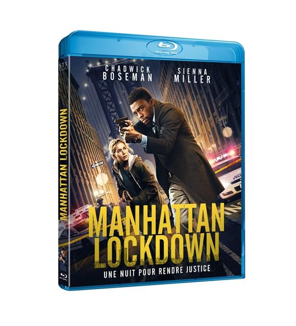 Couverture du film: Chadwick Boseman et Sienna Miller dans une rue de la ville avec une arme. Titre: Manhattan Lockdown.