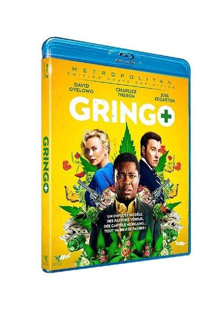 Gringo Blu-ray-cover. Met acteurs David Oyelowo, Charlize Theron en Joel Edgerton op een gele achtergrond.