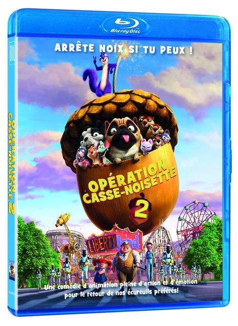 Boîtier Blu-ray avec couverture de film d'animation ; un écureuil et un carlin dans un gland géant, avec un parc d'attractions derrière.