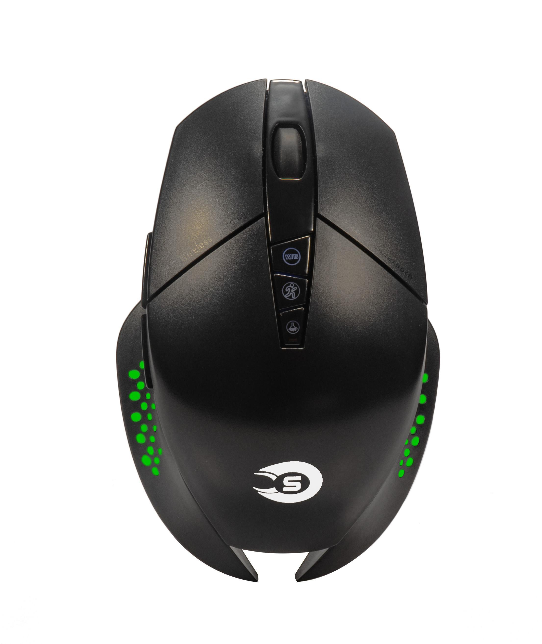 Schwarze Gaming-Maus mit grünen Akzenten. Sie hat mehrere Tasten und ein Logo auf der Unterseite.