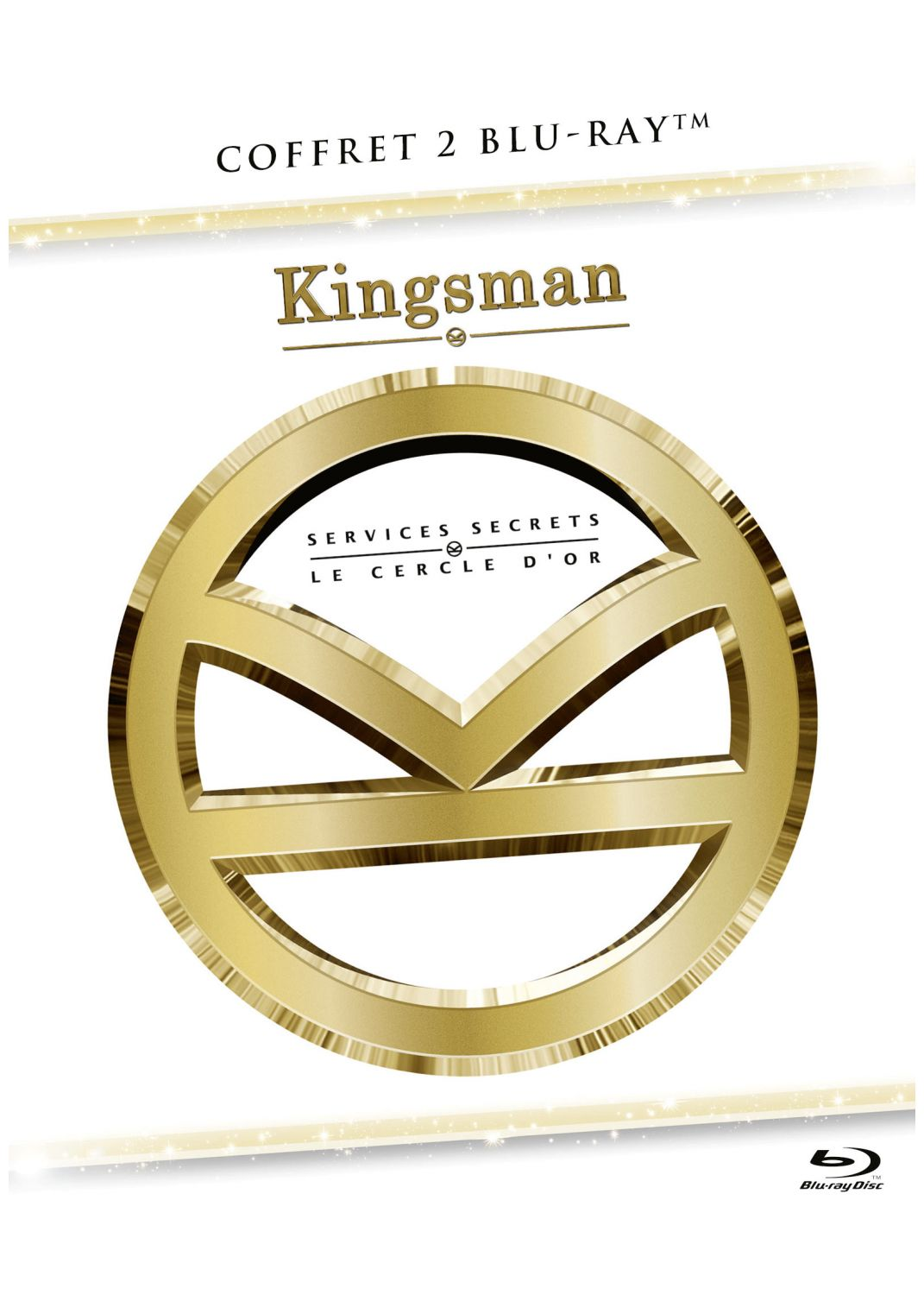 Un logo circulaire doré pour 'Kingsman' sur fond blanc, avec du texte au-dessus et un logo Blu-ray en dessous.