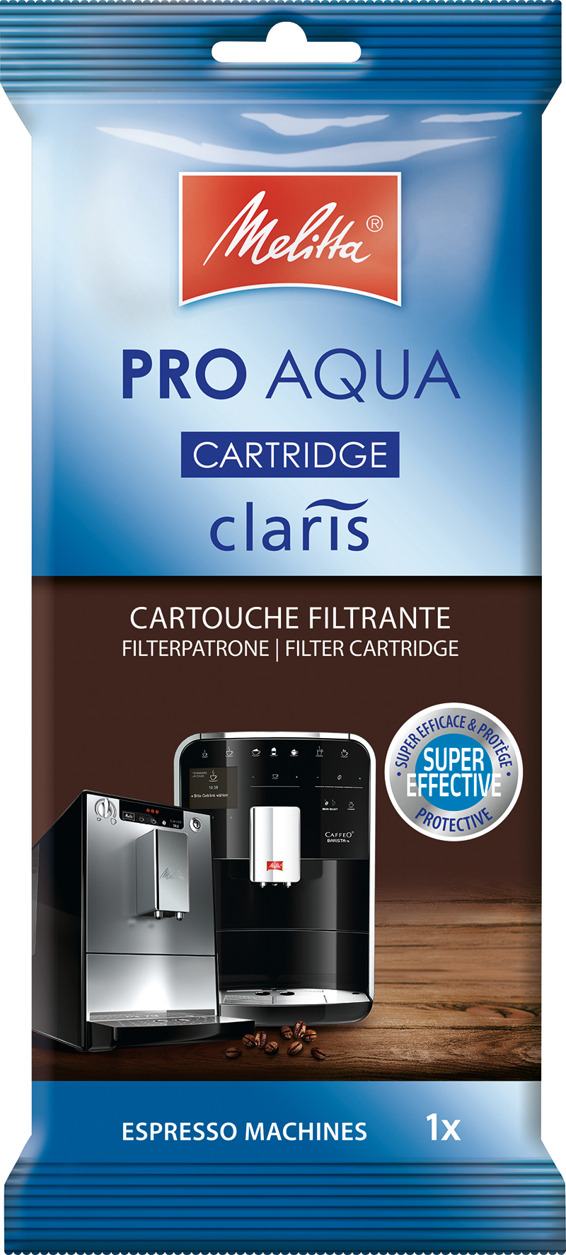 Melitta Pro Aqua-cartridgeverpakking, met afbeelding van espressomachines.