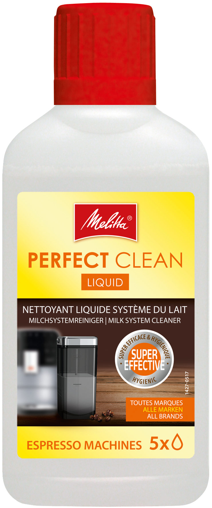 Bouteille de nettoyant liquide Melitta Perfect Clean avec image de machines à expresso.