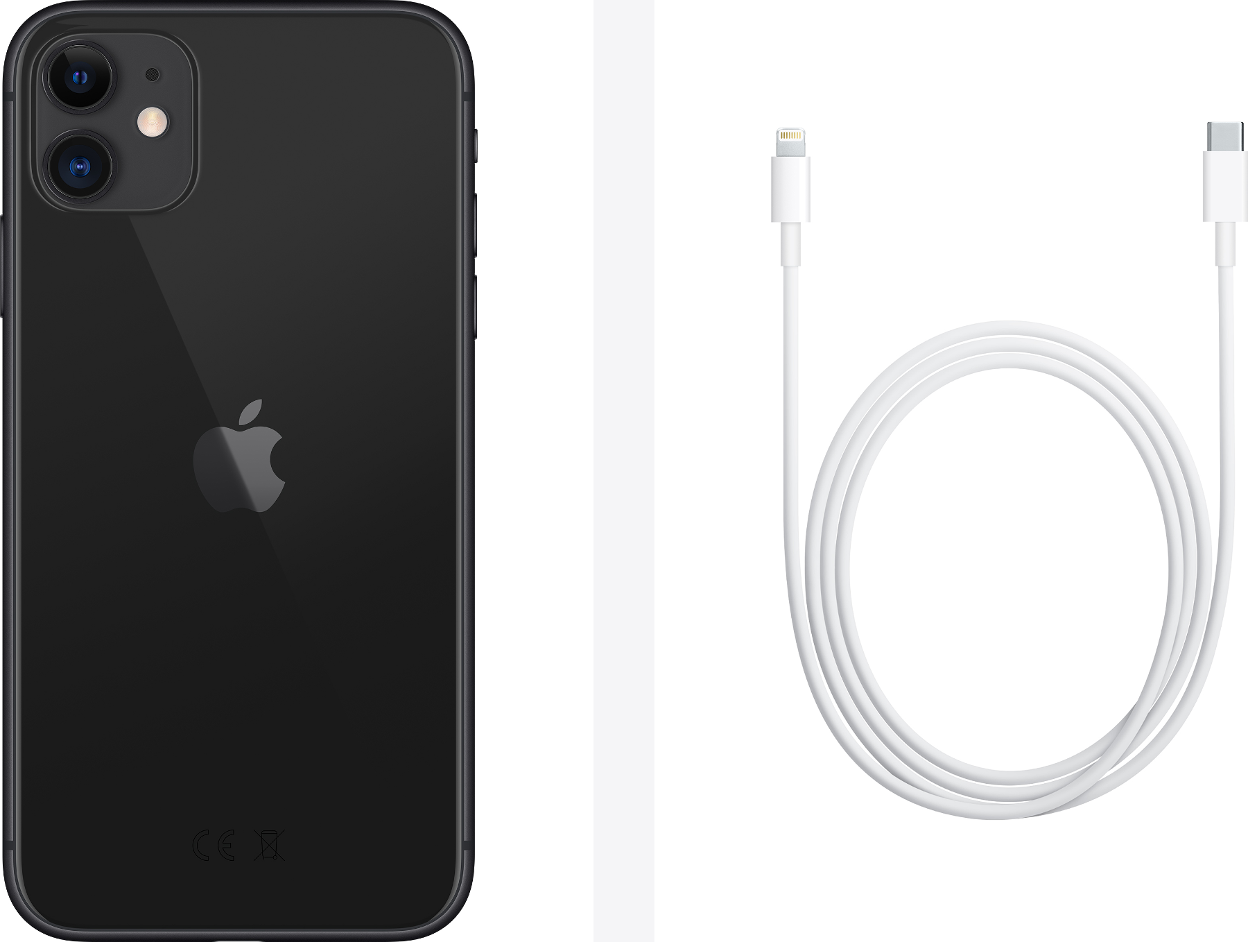 iPhone 12 nero a sinistra, cavo di ricarica bianco a destra.