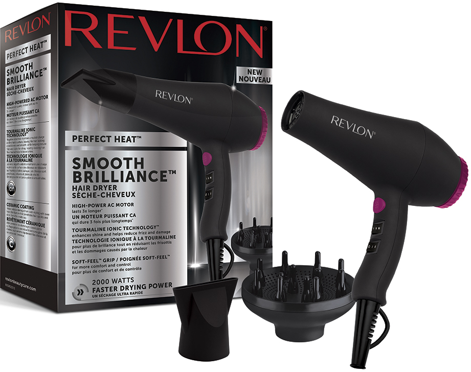 Schwarzer Revlon-Haartrockner mit Aufsätzen, Verpackung und weißem Hintergrund.