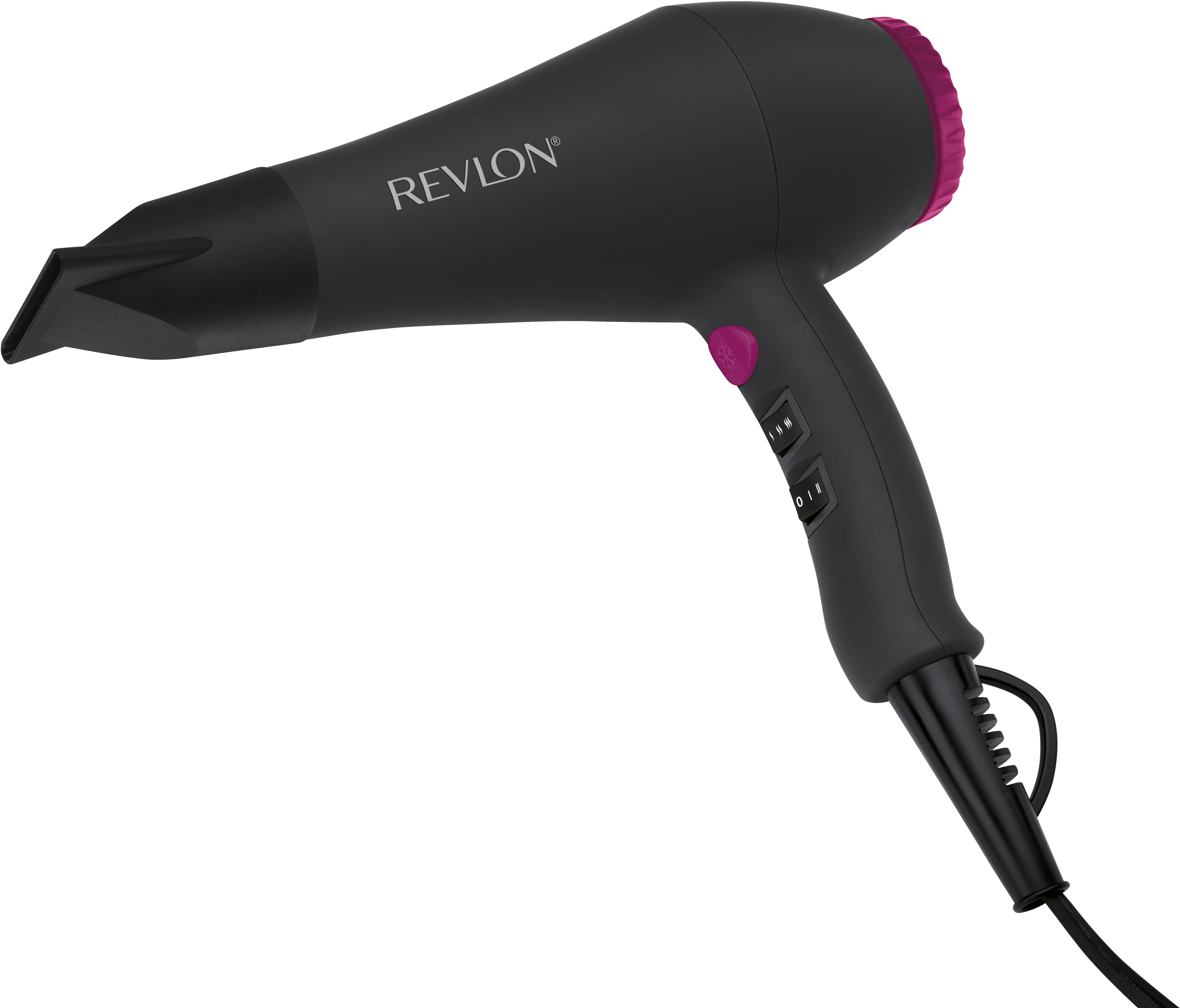 Schwarzer Haartrockner mit Revlon-Logo und rosa Akzenten. Weißer Hintergrund.