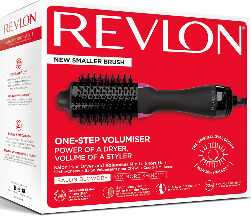 Revlon Haarglätter-Box. Rot und weiß mit Produktdetails und Bildern.