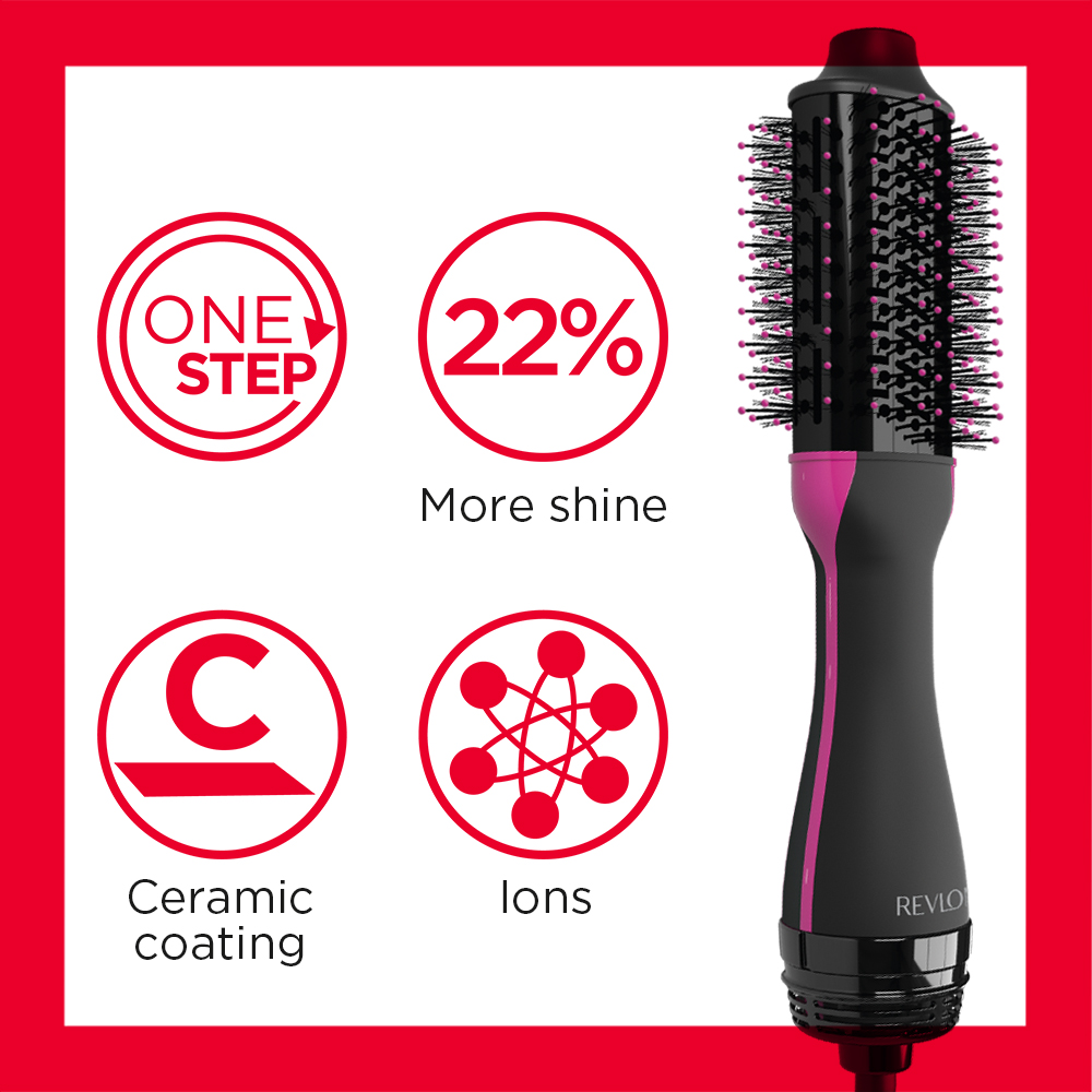 Eine Haarstyling-Bürste mit Text, Icons und dem Markennamen Revlon.