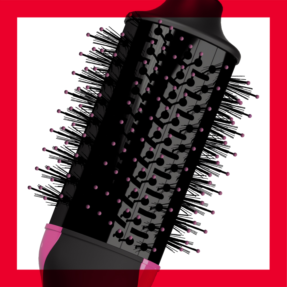 Nahaufnahme einer schwarz-rosa Haarstyling-Bürste, bei der die Borsten sichtbar sind.
